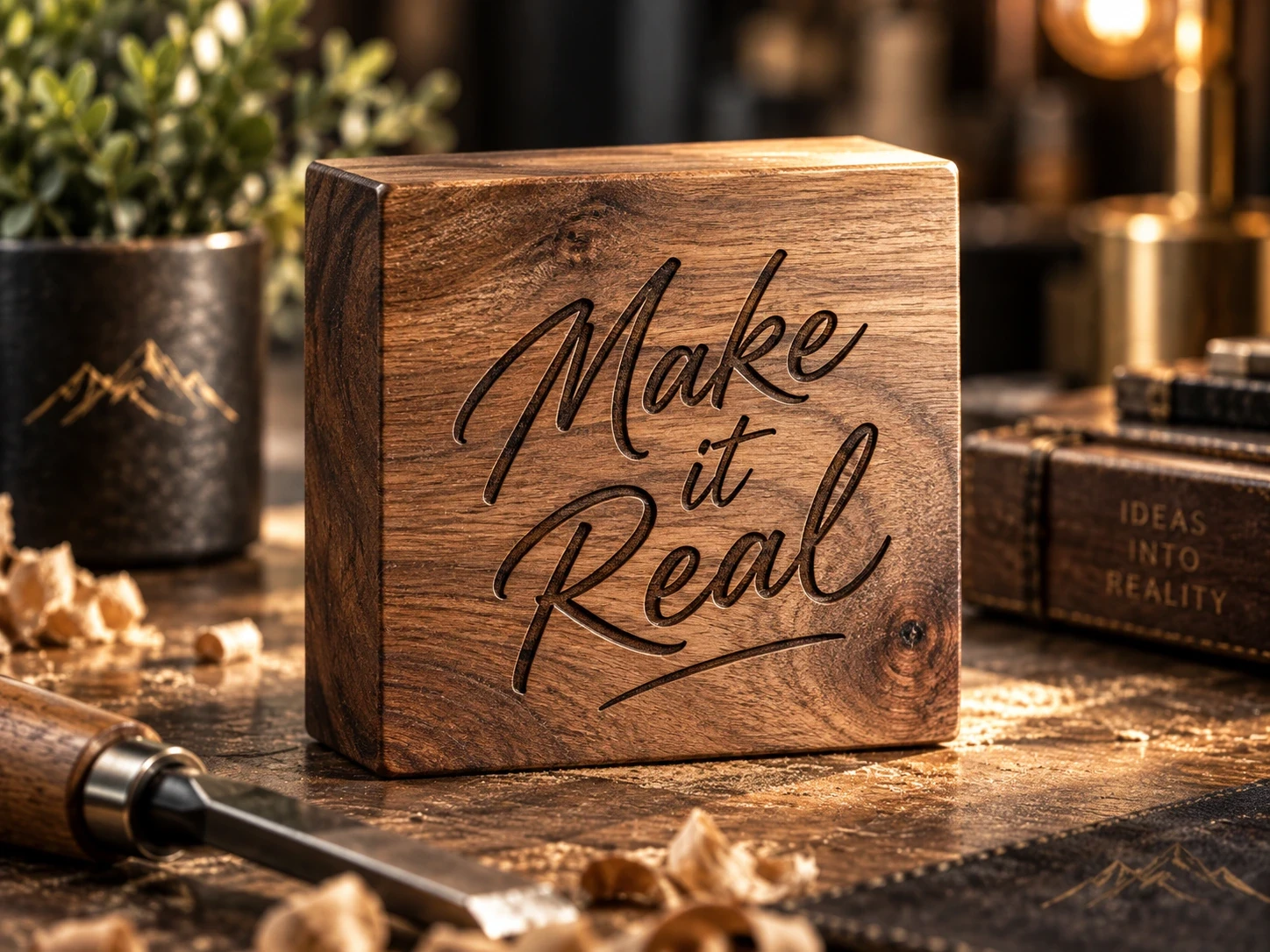Holzblock mit Make it Real-Gravur auf einer warm beleuchteten Werkbank