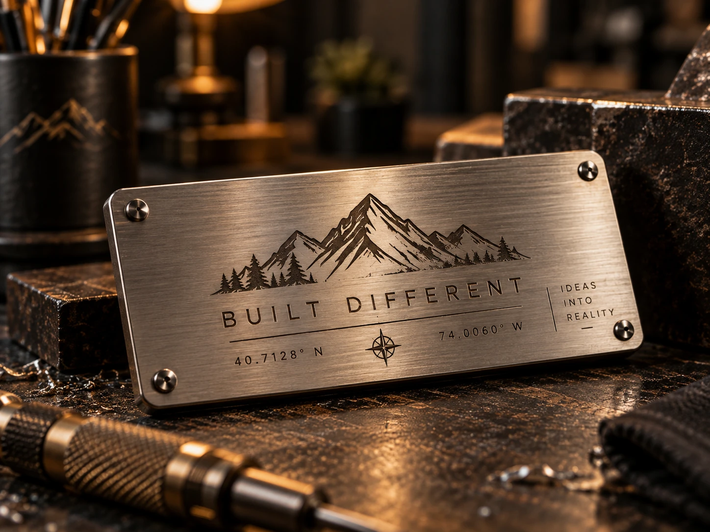Gebürstetes Metallschild mit Berggravur, Koordinaten und Built Different-Schriftzug