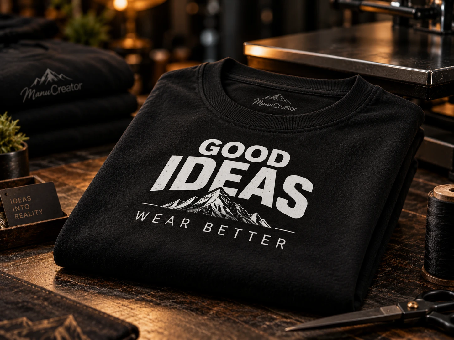 Schwarzes ManuCreator-T-Shirt mit Bergmotiv und Good Ideas Wear Better-Aufdruck